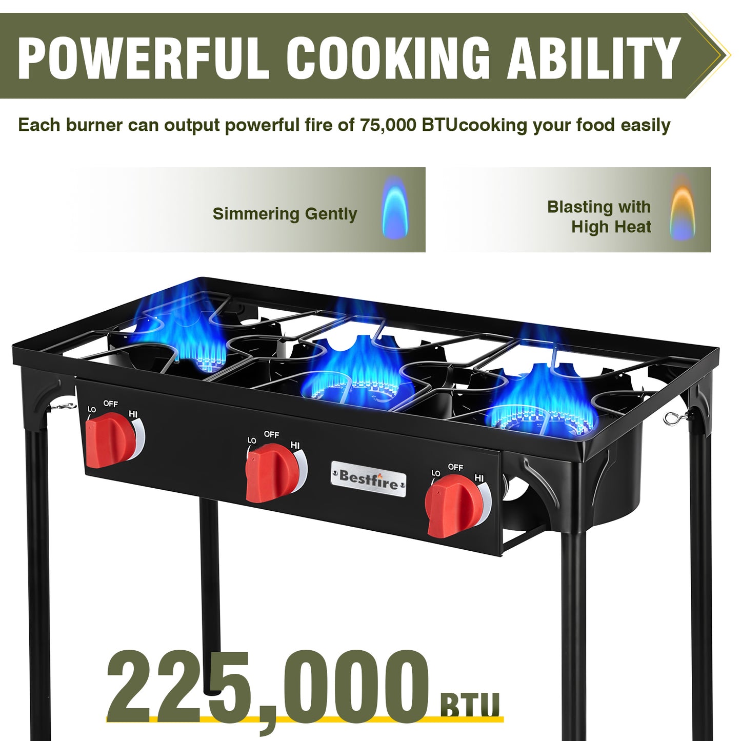 Estufa de gas de 3 quemadores para cocinar al aire libre, quemadores de propano de 225,000 BTU con botón de encendido automático y patas extraíbles, perillas de control de temperatura y regulador de alta presión de 20 PSIG para barbacoa.
