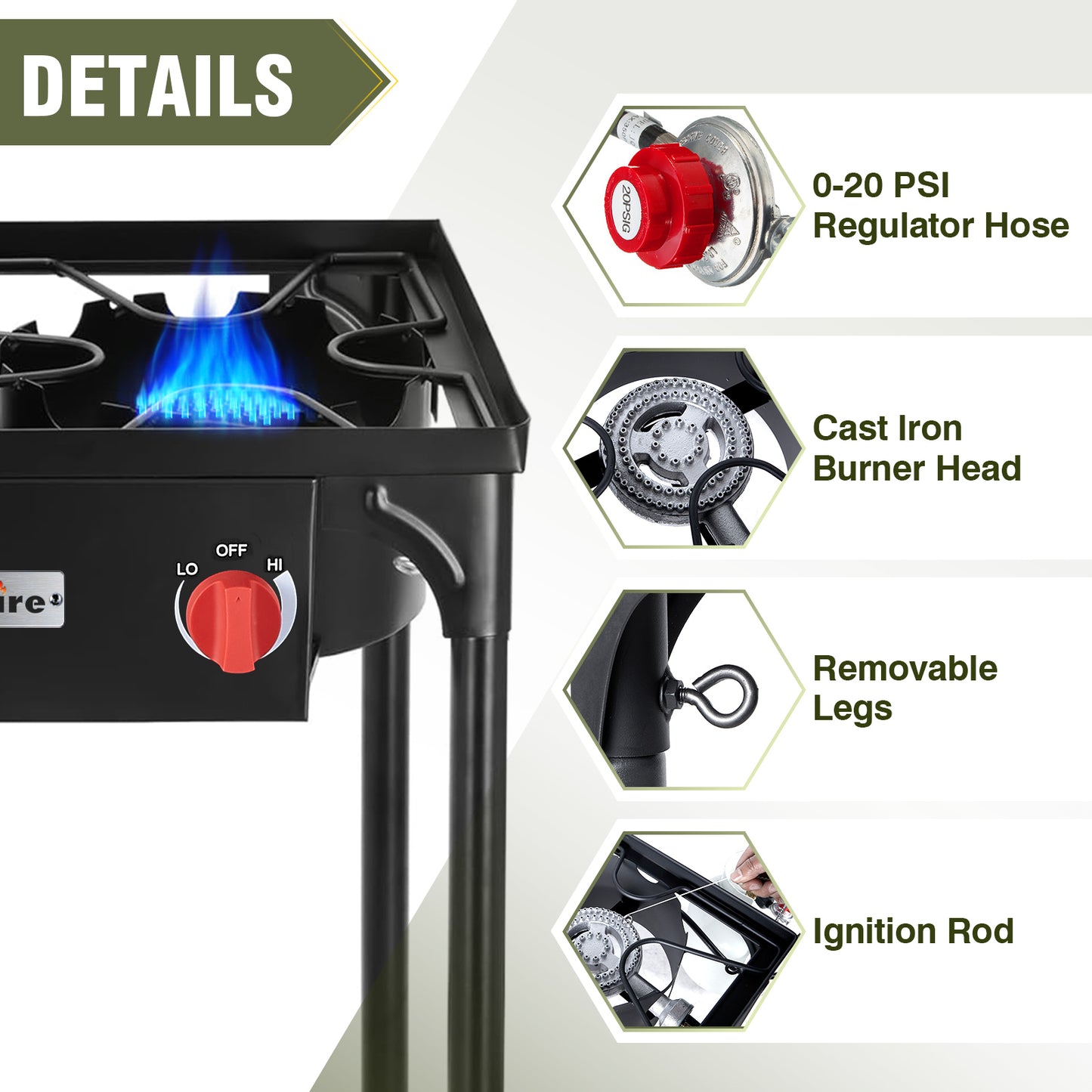 Estufa de gas de 3 quemadores para cocinar al aire libre, quemadores de propano de 225,000 BTU con botón de encendido automático y patas extraíbles, perillas de control de temperatura y regulador de alta presión de 20 PSIG para barbacoa.