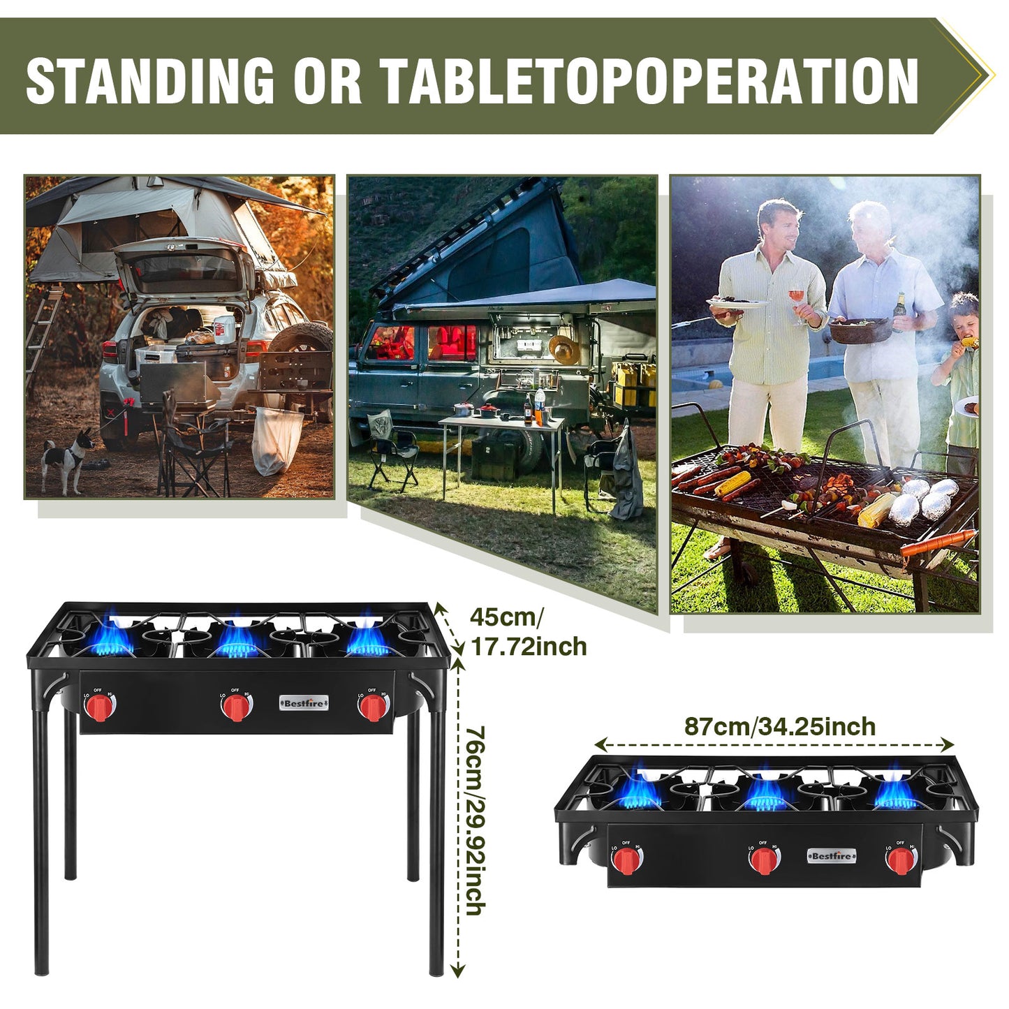 Estufa de gas de 3 quemadores para cocinar al aire libre, quemadores de propano de 225,000 BTU con botón de encendido automático y patas extraíbles, perillas de control de temperatura y regulador de alta presión de 20 PSIG para barbacoa.
