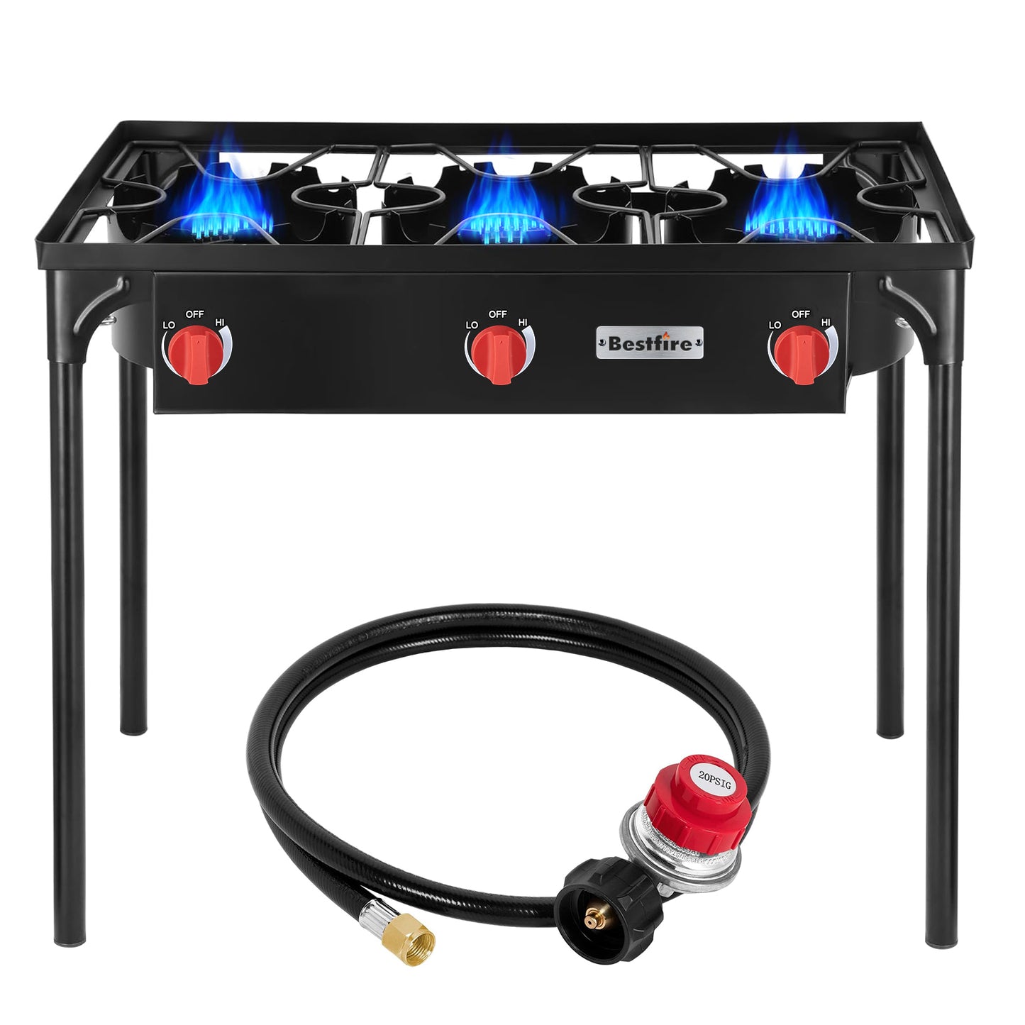 Estufa de gas de 3 quemadores para cocinar al aire libre, quemadores de propano de 225,000 BTU con botón de encendido automático y patas extraíbles, perillas de control de temperatura y regulador de alta presión de 20 PSIG para barbacoa.