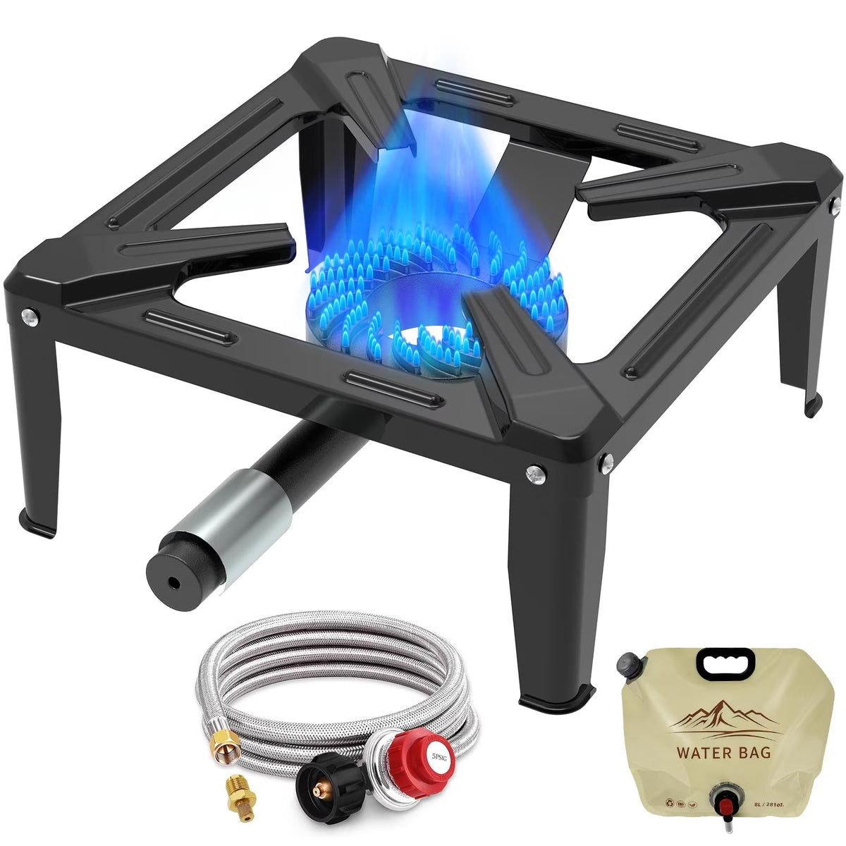 BESTFIRE Portable Single Burner Propane Stove, Heavy Duty Cast Iron Outdoor Gas Cooker with Adjustable Regulator, 4 ft Hose and Water Storage Bag for Camping, Seafood Boil and Backyard Cooking