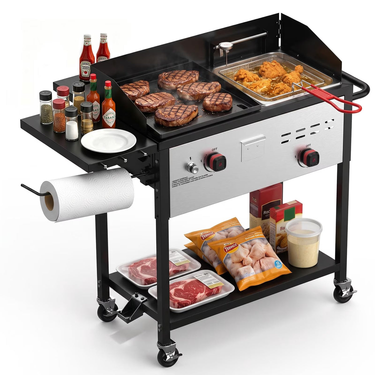 BESTFIRE Propane Griddle and Deep Fryer Combo, 33,000 BTU 2 Burner Outdoor Cooker with 14 QT Fryer Basket, Foldable Side Tables and Wheels