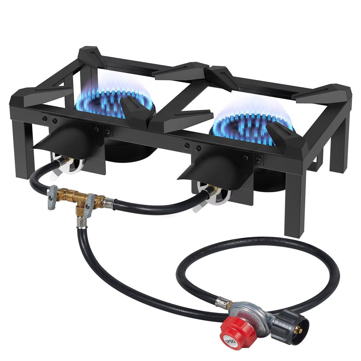 BESTFIRE Double Burner Propane Camping Stove, Portable Cast Iron Outdoor Gas Cooker with Independent Controls and 5 PSI Hose for BBQ