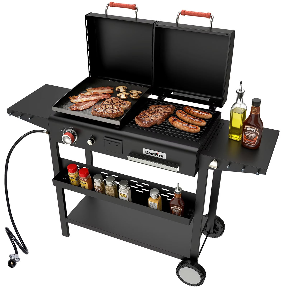 BESTFIRE 5 Burner Propane Gas Grill and Griddle Combo, 29,000 BTU Outdoor Flat Top Grill with Porcelain Enameled Grates, Warming Rack, Side Table and Wheels for Patio and Backyard