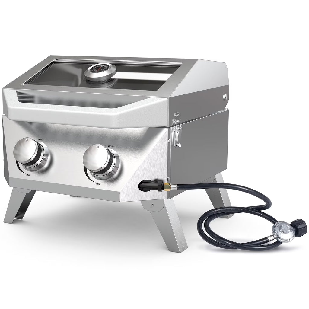BESTFIRE Tabletop Gas Grill with 2 Burners & Viewing Glass Lid, 20,000 BTU Stainless Steel Portable BBQ Grill with Thermometer, Push-Button Ignition for Outdoor Patio, Camping, RV, Tailgating