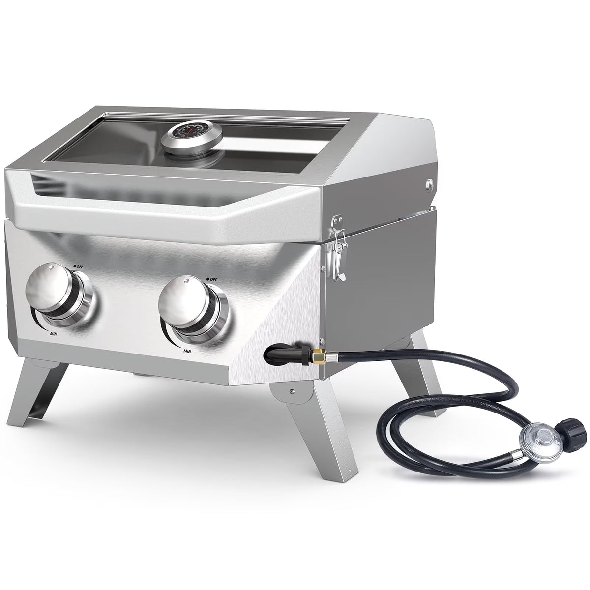 BESTFIRE Tabletop Gas Grill with 2 Burners & Viewing Glass Lid, 20,000 BTU Stainless Steel Portable BBQ Grill with Thermometer, Push-Button Ignition for Outdoor Patio, Camping, RV, Tailgating