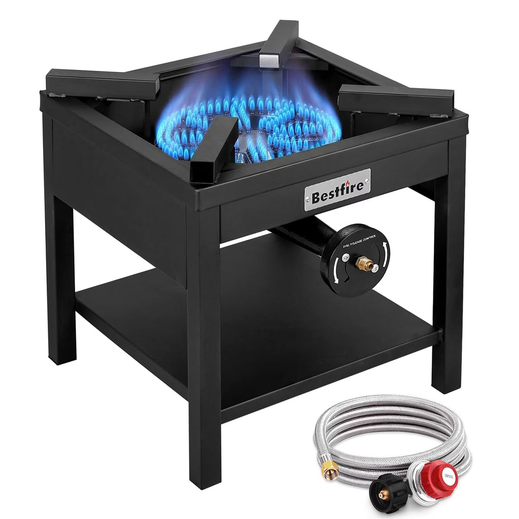 BESTFIRE 260,000 BTU Outdoor Propane Burner, High Pressure Single Burner Cooker with Adjustable Regulator & Steel Braided Hose for Turkey Fryer, Seafood Boil and Camping