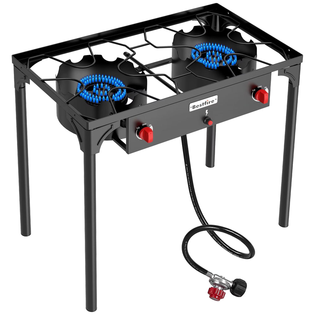 BESTFIRE 2 Burner Camping Stove, 150,000 BTU High Pressure Outdoor Propane Stove with Adjustable Flame Control, 20 PSI Regulator Hose, Removable Legs for Camping, Backyard Cooking, Tailgating (No ratings yet)