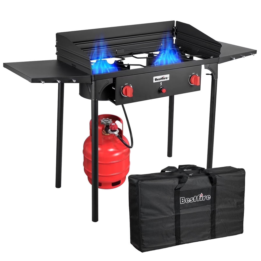 Bestfire 2 Burner Gas Stove, Propane Camping Stove with Side Shelves & Windpanel, 150,000 BTU Propane Burners for Outdoor Cooking, Camping & BBQ Cookouts