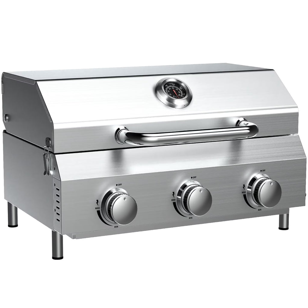 Bestfire 3-Burner Tabletop Gas Grill, 30,000 BTU Portable Propane Grill with Heavy-Duty Thickened Grates & Stainless Steel Knobs, Compact Design&Detachable Legs for Camping, RV, Backyard BBQ