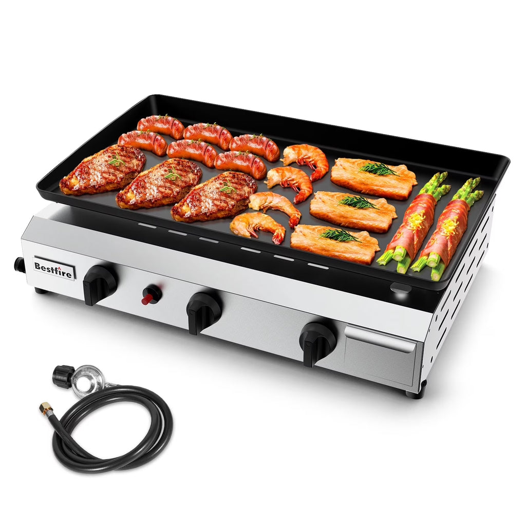 Bestfire 3 Burners Gas Propane Griddle,30000 BTU Outdoor Portable Propane Gas Grill Griddle, Stainless Steel Flat Top Griddle Station for Kitchen, BBQ, Camping Tailgating 23 Inch Flat Top Grill