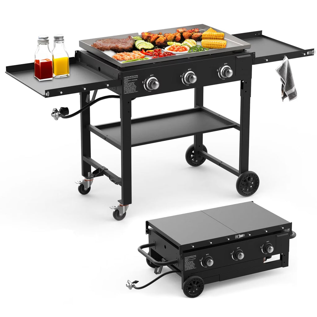 BESTFIRE Foldable Flat Top Grill-3 Burner, 35" Outdoor GriddlePropane Griddle with Two Foldable Shelves, Flat Grills Outdoor-45,000 BTU,Black
