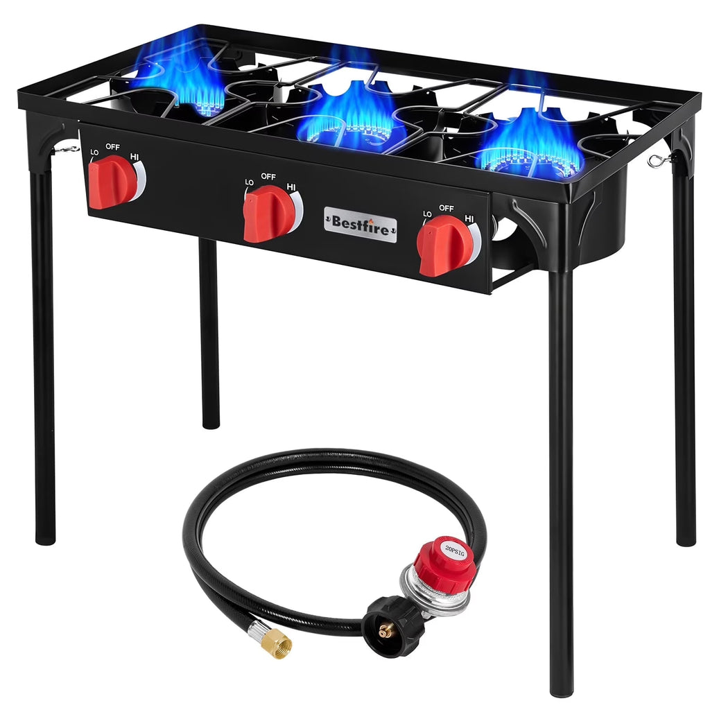 Bestfire Gas Stove for Cooking Outdoor, 3 Burners Outdoor Propane Burners for Cooking with Removable Legs 20 PSIG High Pressure Regulator ,225,000 BTU