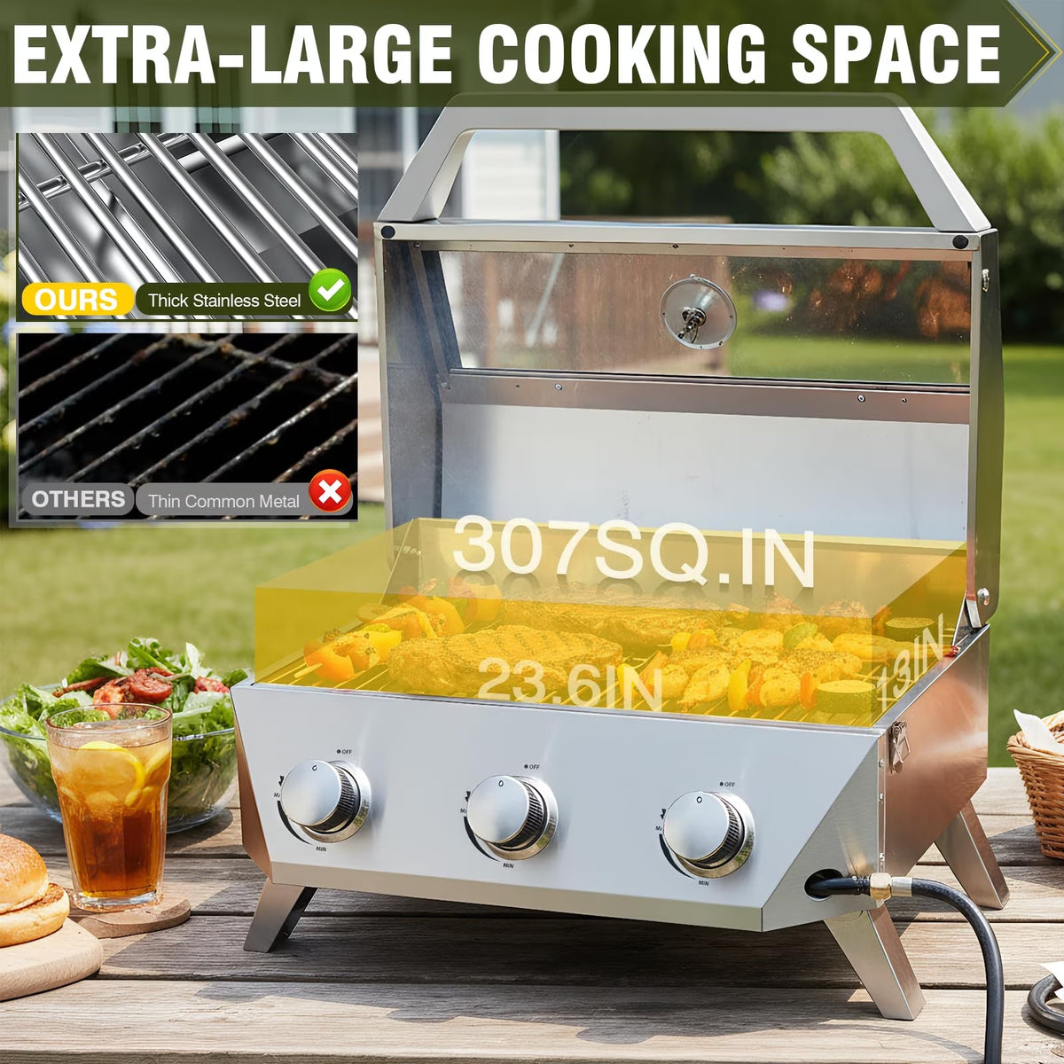 BESTFIRE 3-Burner Portable Propane Gas Grill, 30,000 BTU Tabletop BBQ Grill with Glass Lid, Thermometer, Stainless Steel Grates for Patio, Camping, RV
