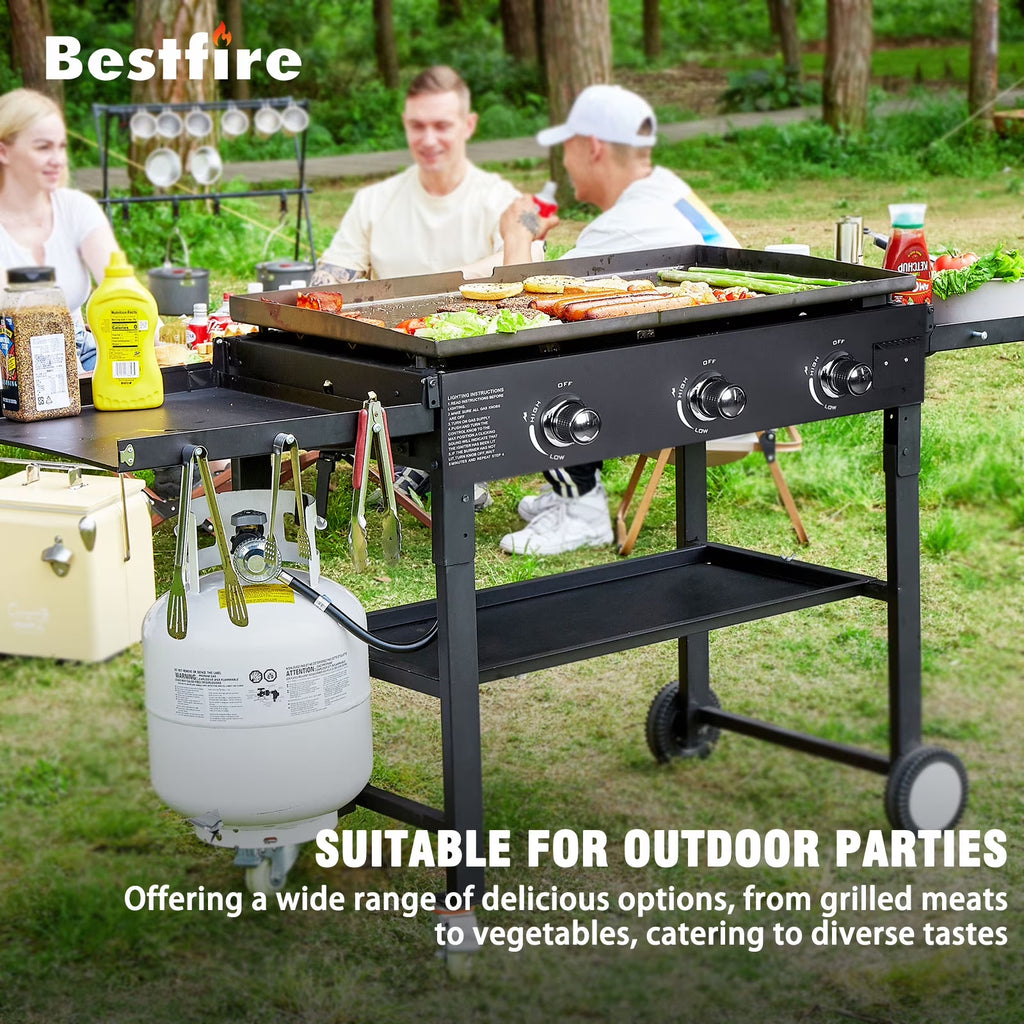 BESTFIRE Foldable Flat Top Grill-3 Burner, 35" Outdoor GriddlePropane Griddle with Two Foldable Shelves, Flat Grills Outdoor-45,000 BTU,Black