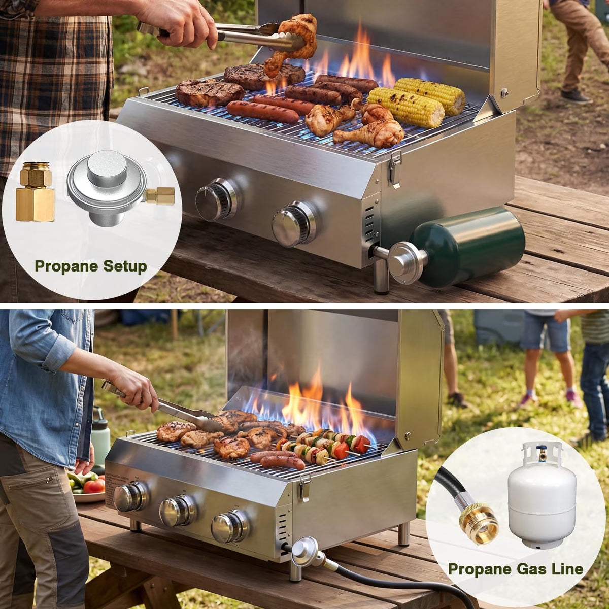 BESTFIRE 3-Burner Portable Propane Gas Grill, 30,000 BTU Tabletop BBQ Grill with Dual Connections, Stainless Steel Grates for Camping, RV