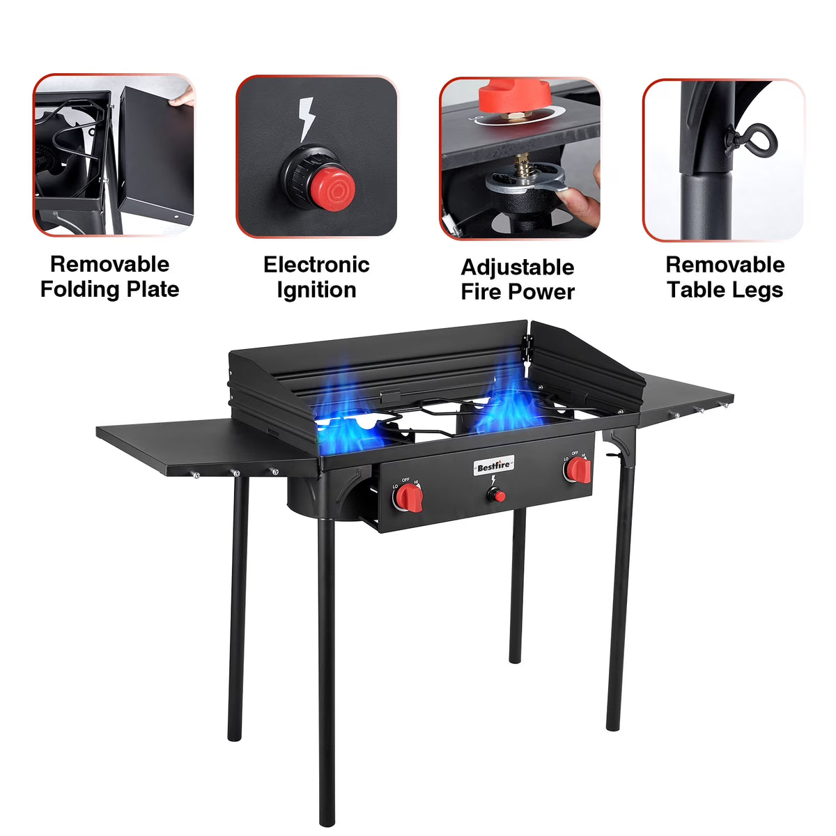 Bestfire 2 Burner Gas Stove, Propane Camping Stove with Side Shelves & Windpanel, 150,000 BTU Propane Burners for Outdoor Cooking, Camping & BBQ Cookouts