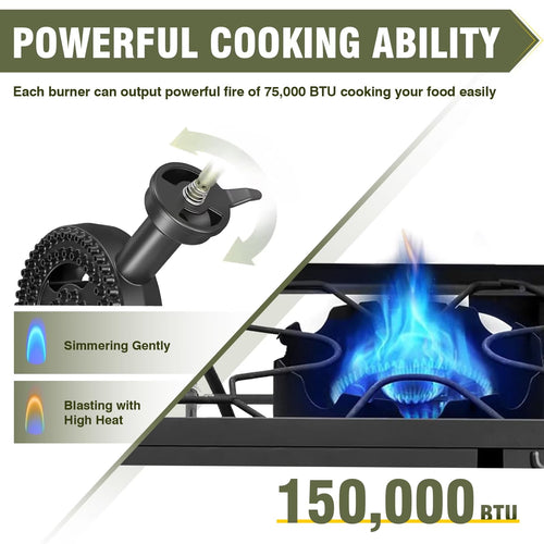 BESTFIRE 2 Burner Camping Stove, 150,000 BTU High Pressure Outdoor Propane Stove with Adjustable Flame Control, 20 PSI Regulator Hose, Removable Legs for Camping, Backyard Cooking, Tailgating (No ratings yet)