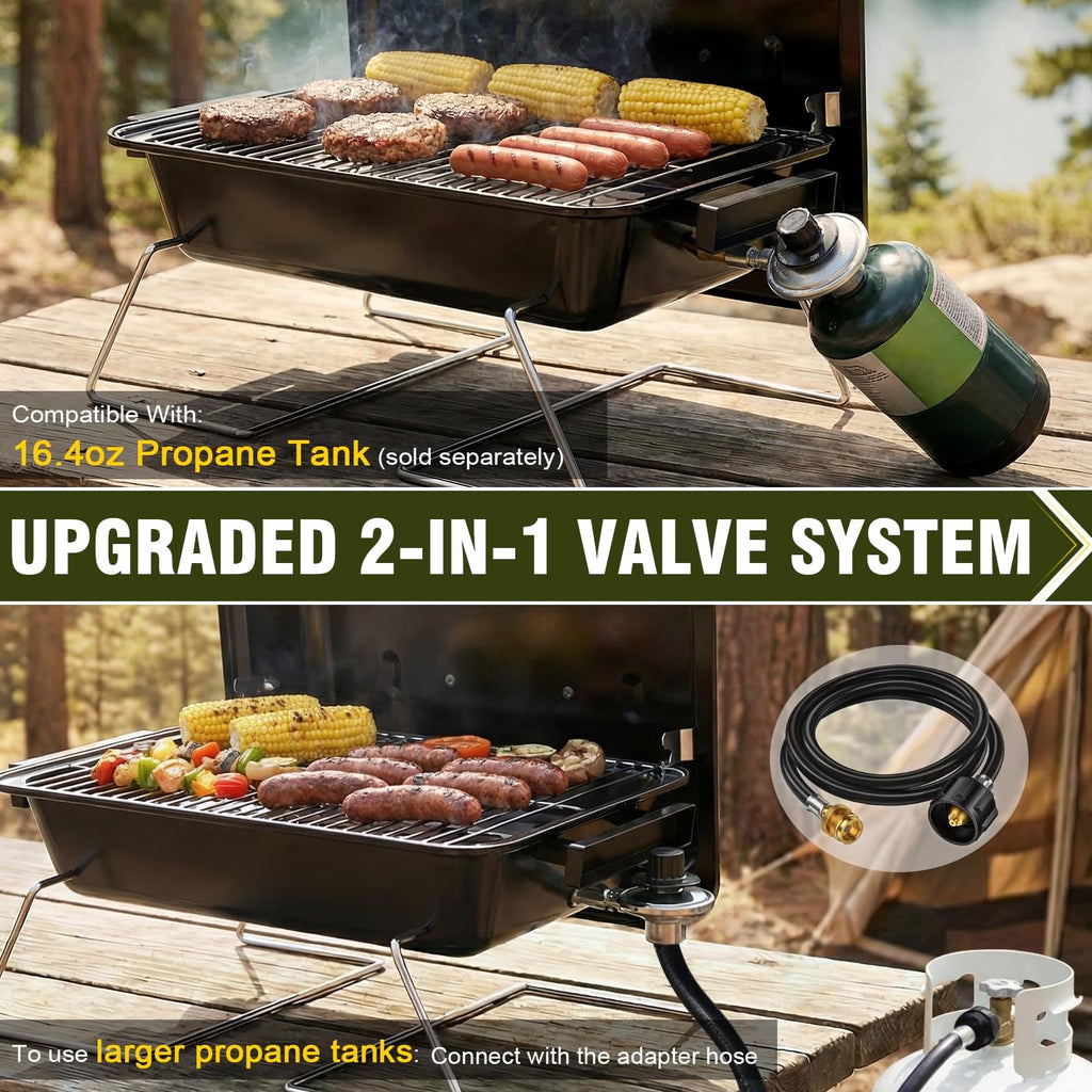 BESTFIRE Portable Propane Gas Grill with Upgraded 2-in-1 Valve, Foldable Legs, Adjustable Regulator & Porcelain Grates, Outdoor BBQ Grill for Camping