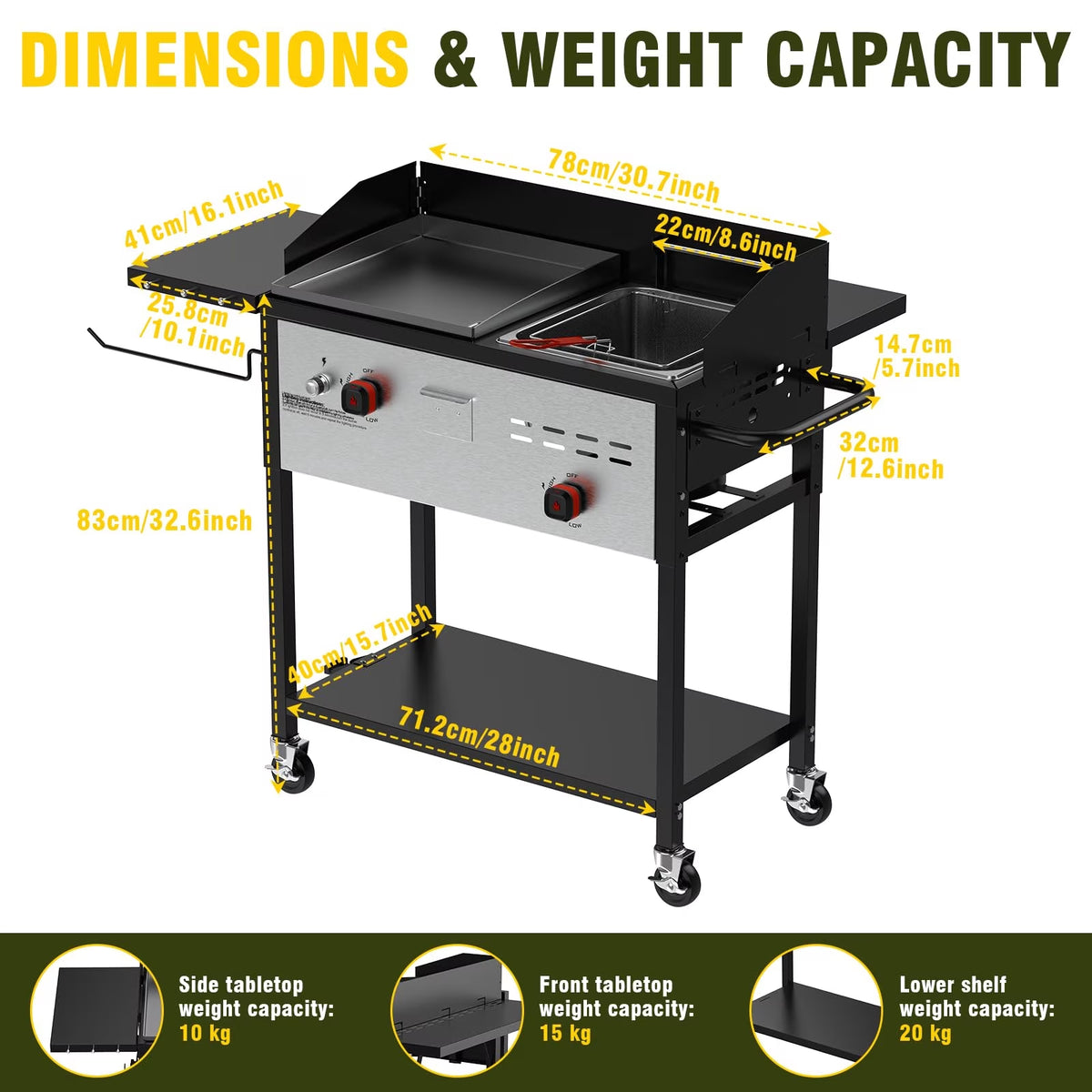 BESTFIRE Propane Griddle and Deep Fryer Combo, 33,000 BTU 2 Burner Outdoor Cooker with 14 QT Fryer Basket, Foldable Side Tables and Wheels