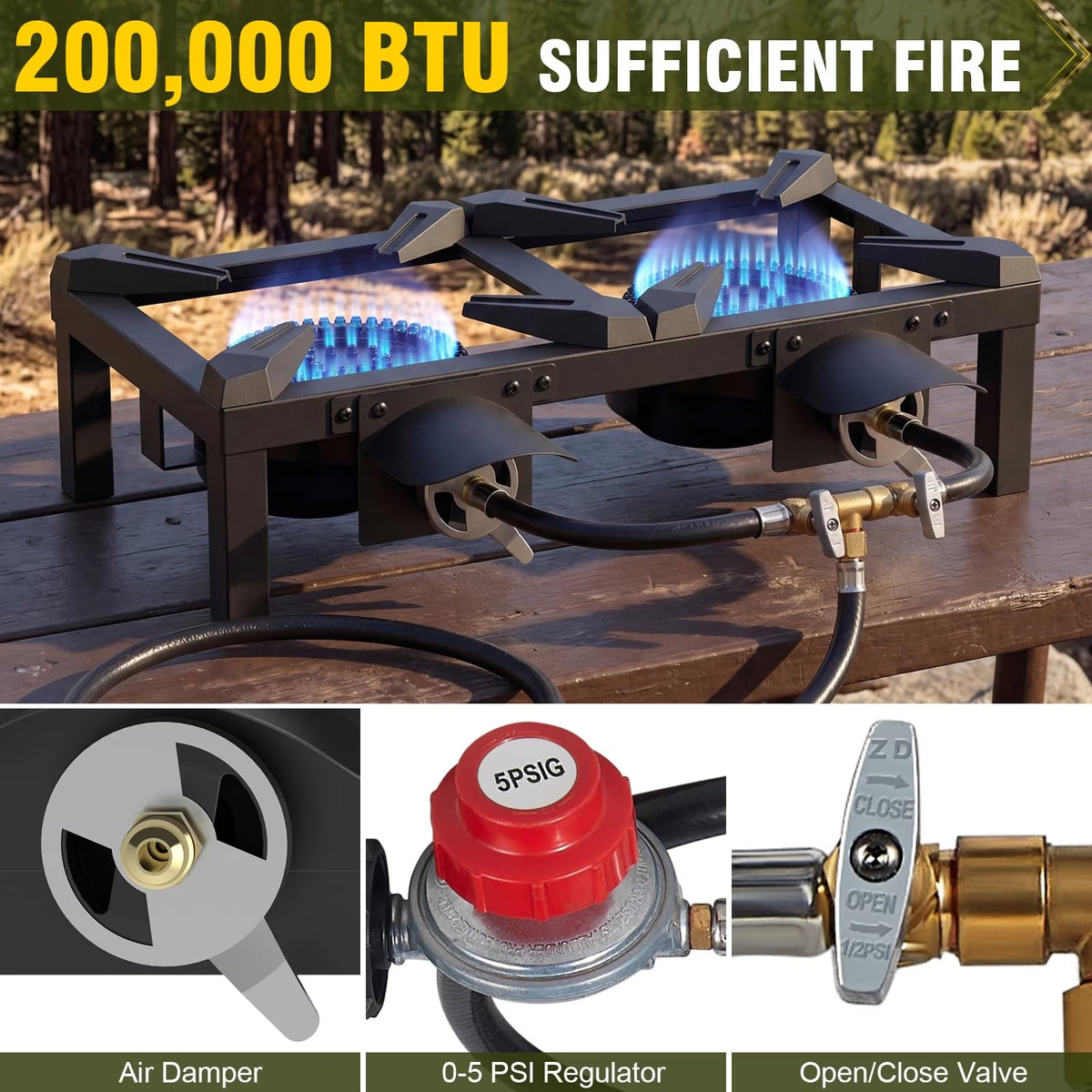 BESTFIRE Double Burner Propane Camping Stove, Portable Cast Iron Outdoor Gas Cooker with Independent Controls and 5 PSI Hose for BBQ