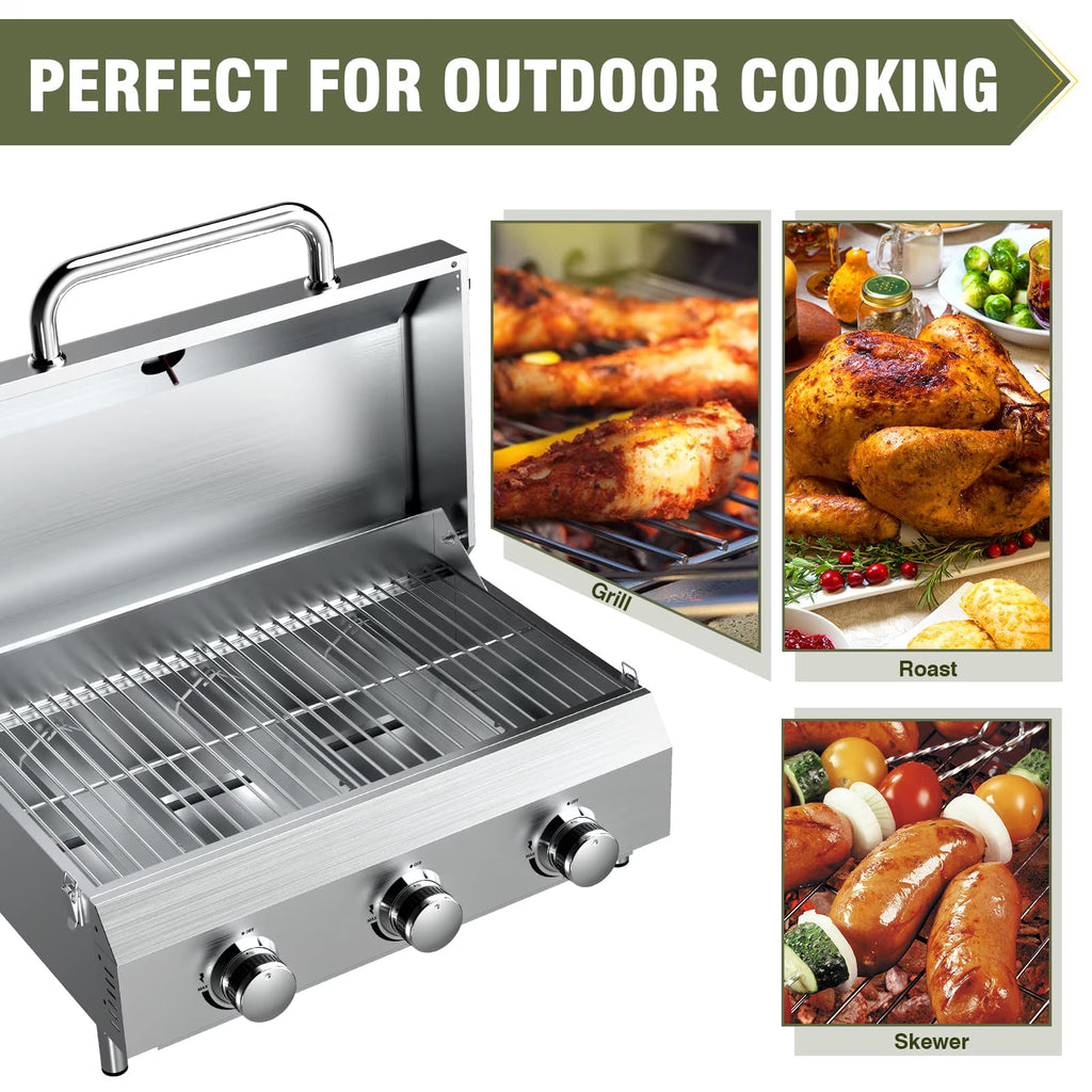 Bestfire 3-Burner Tabletop Gas Grill, 30,000 BTU Portable Propane Grill with Heavy-Duty Thickened Grates & Stainless Steel Knobs, Compact Design&Detachable Legs for Camping, RV, Backyard BBQ