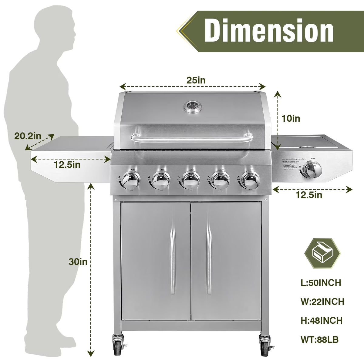 Bestfire 5 Burner Propane Gas Grill with Side Burner,Stainless Steel BBQ Grill & Porcelain-Enameled Cast Iron Grates,58,000 BTU Cabinet-Style Cart Design for Outdoor Backyard Cooking,Garden and Patio