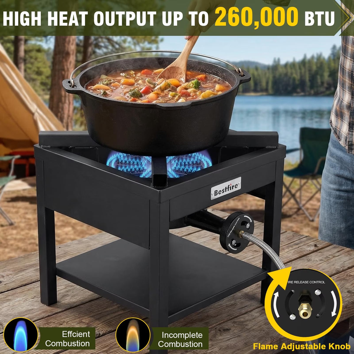 BESTFIRE 260,000 BTU Outdoor Propane Burner, High Pressure Single Burner Cooker with Adjustable Regulator & Steel Braided Hose for Turkey Fryer, Seafood Boil and Camping