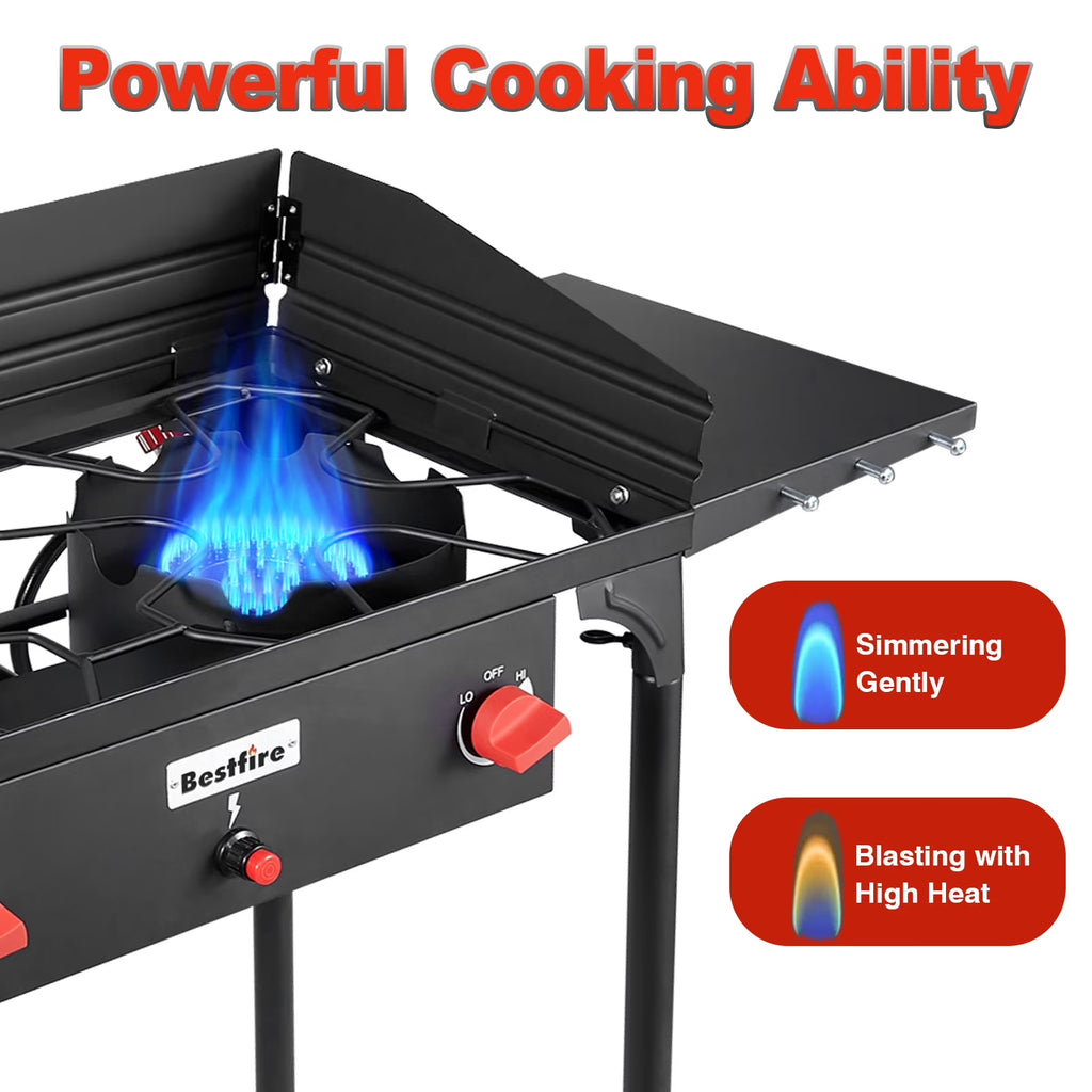 Bestfire 2 Burner Gas Stove, Propane Camping Stove with Side Shelves & Windpanel, 150,000 BTU Propane Burners for Outdoor Cooking, Camping & BBQ Cookouts