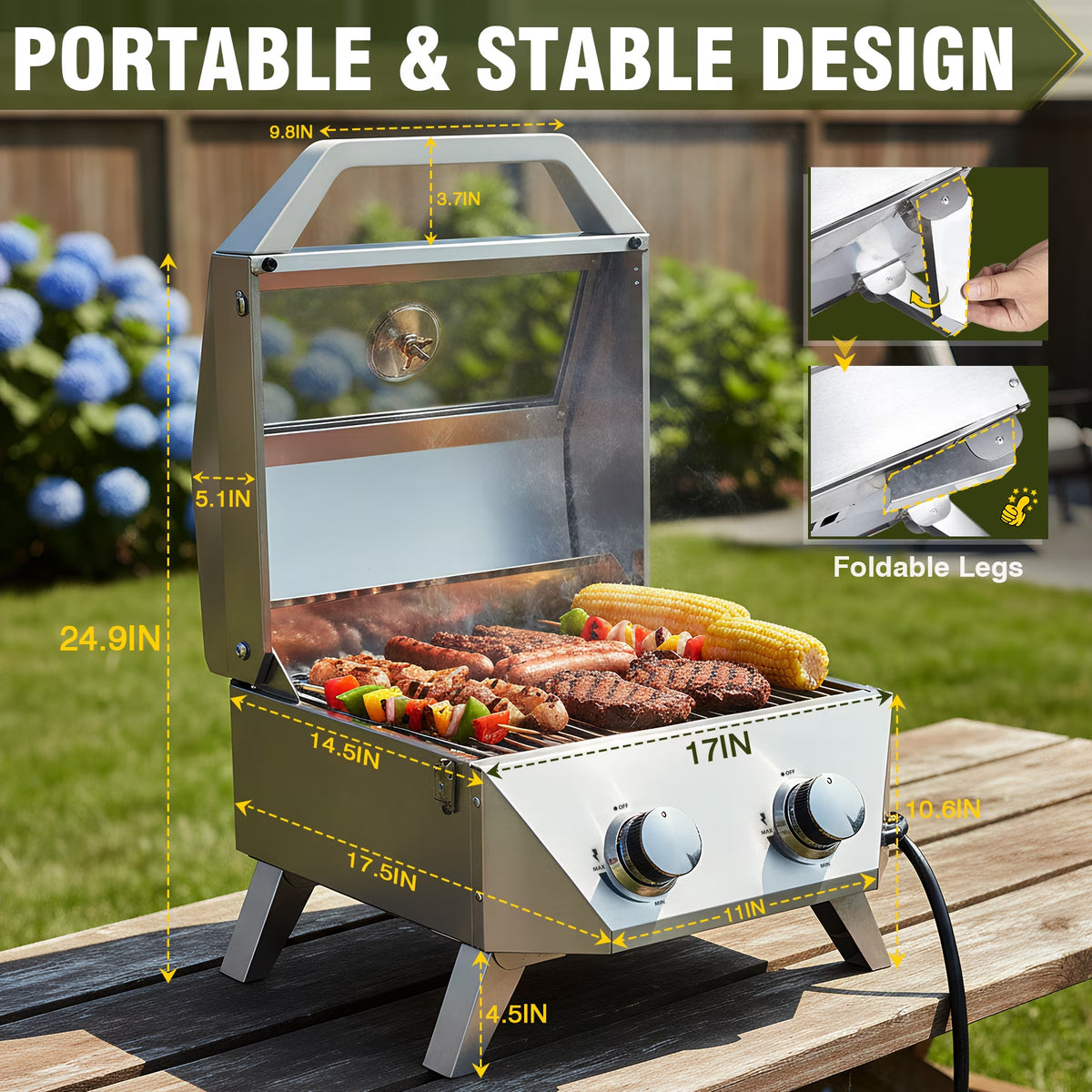 BESTFIRE Tabletop Gas Grill with 2 Burners & Viewing Glass Lid, 20,000 BTU Stainless Steel Portable BBQ Grill with Thermometer, Push-Button Ignition for Outdoor Patio, Camping, RV, Tailgating