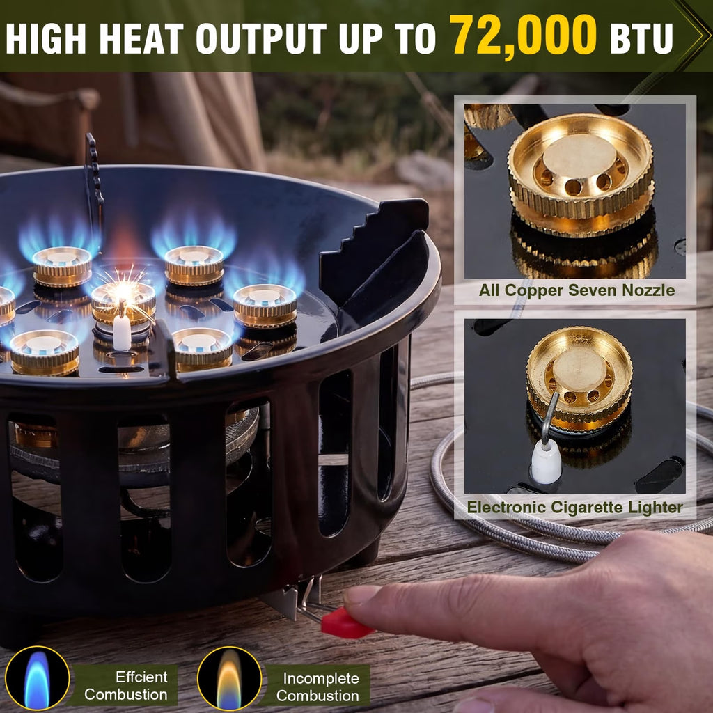 Bestfire 72000 BTU Propane Gas Stove, Windproof Outdoor Camping Stove with Piezo Ignition, Hose, 3 Gas Adapters and Carrying Bag