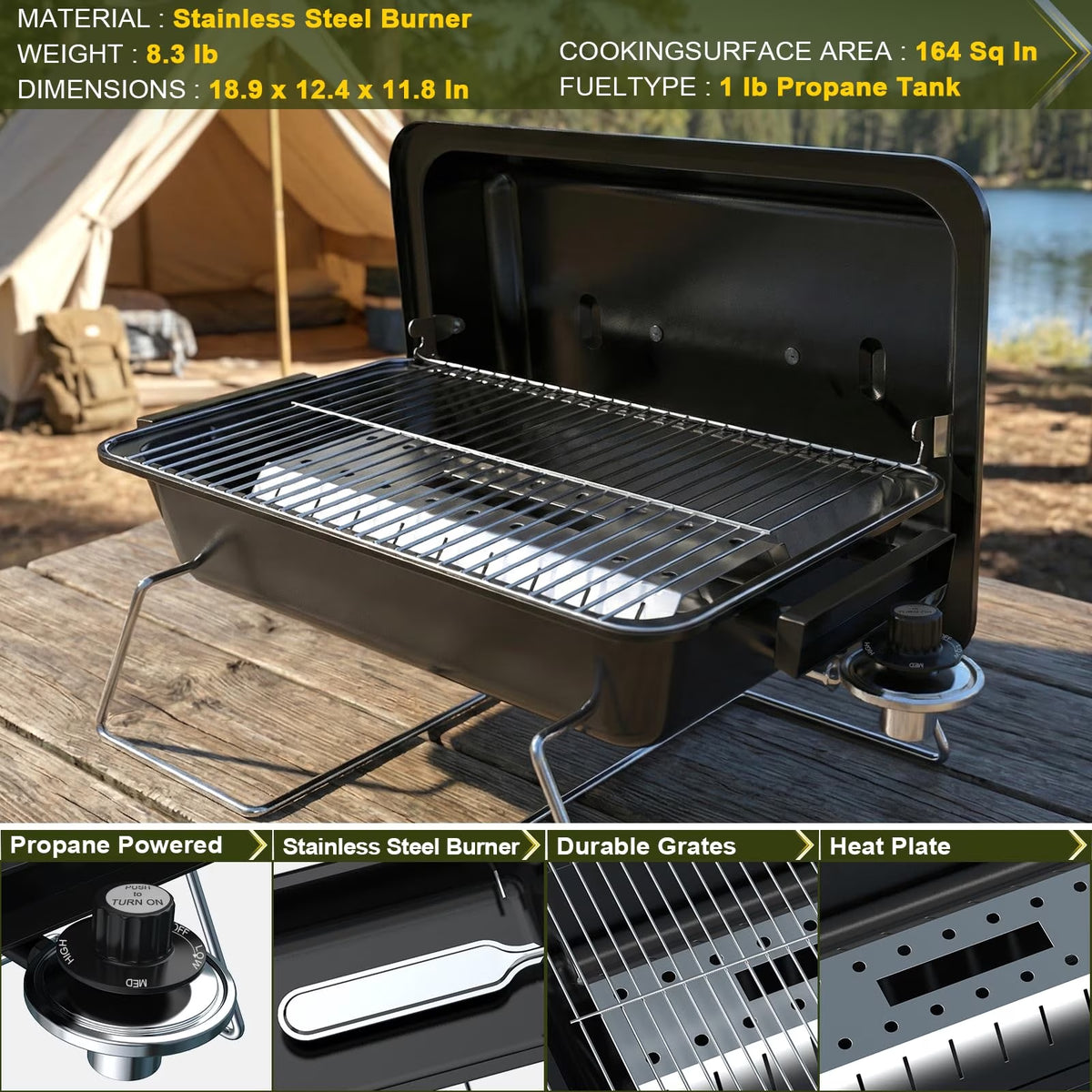 BESTFIRE Portable Propane Gas Grill with Upgraded 2-in-1 Valve, Foldable Legs, Adjustable Regulator & Porcelain Grates, Outdoor BBQ Grill for Camping