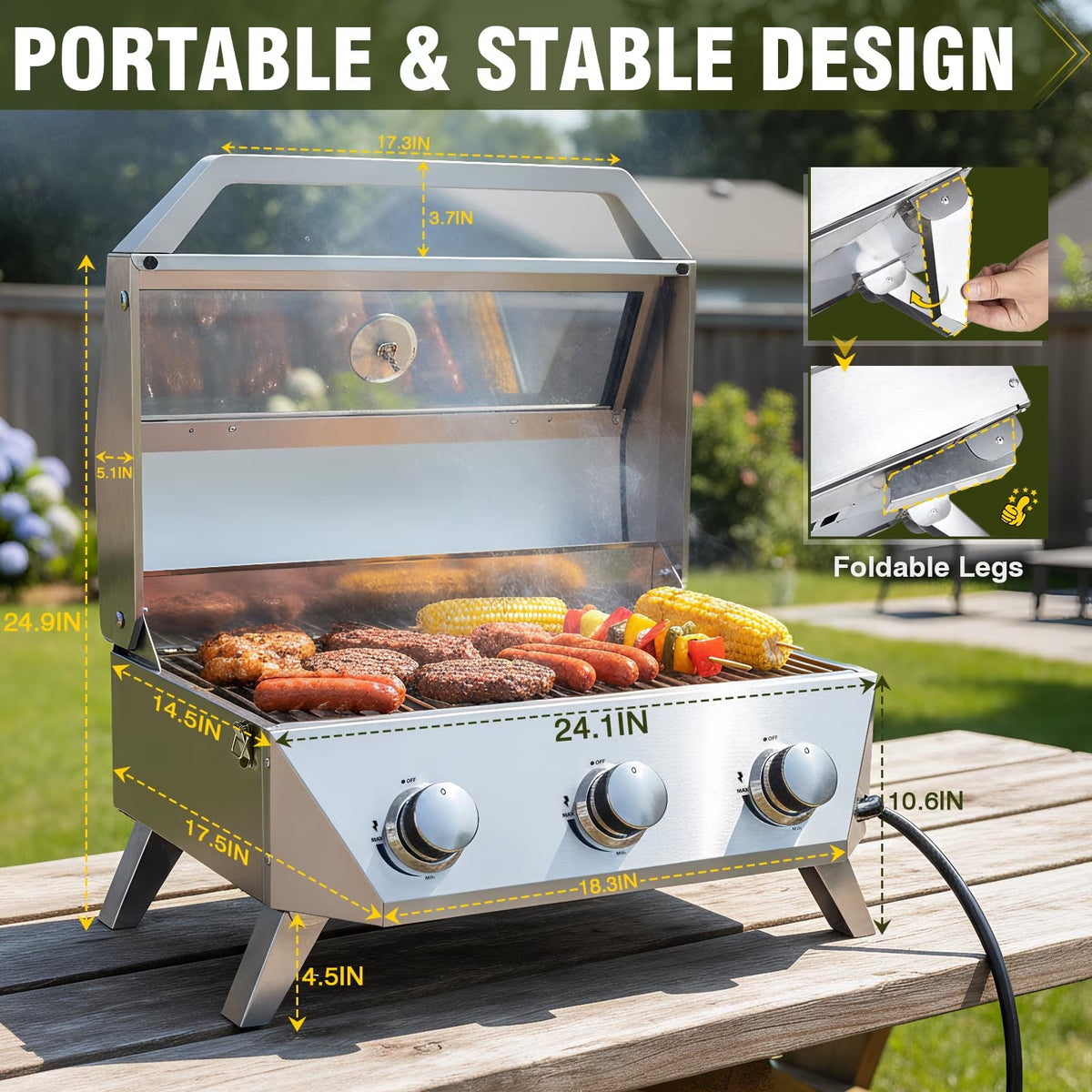 BESTFIRE 3-Burner Portable Propane Gas Grill, 30,000 BTU Tabletop BBQ Grill with Glass Lid, Thermometer, Stainless Steel Grates for Patio, Camping, RV