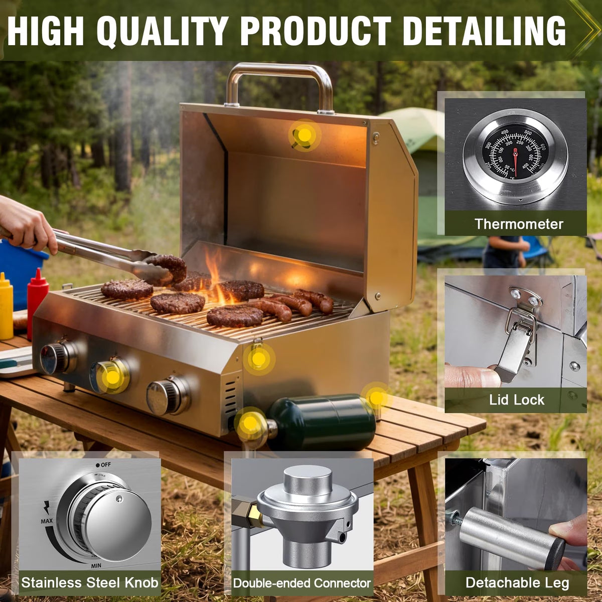 BESTFIRE 3-Burner Portable Propane Gas Grill, 30,000 BTU Tabletop BBQ Grill with Dual Connections, Stainless Steel Grates for Camping, RV