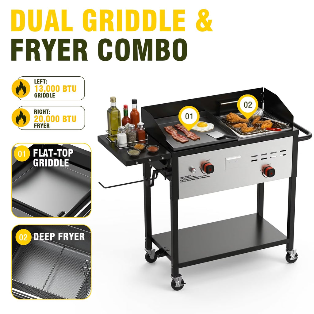 BESTFIRE Propane Griddle and Deep Fryer Combo, 33,000 BTU 2 Burner Outdoor Cooker with 14 QT Fryer Basket, Foldable Side Tables and Wheels