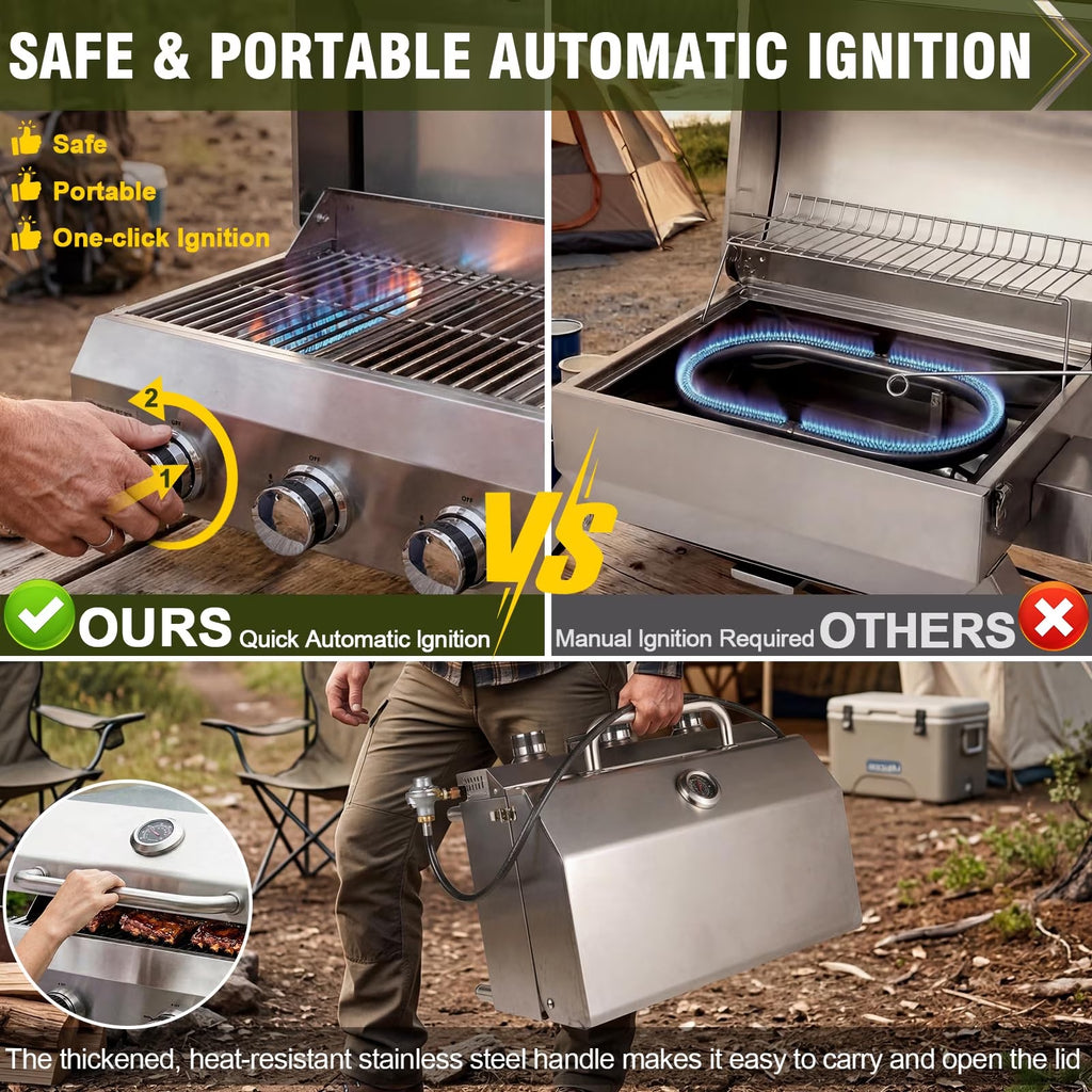 BESTFIRE 3-Burner Portable Propane Gas Grill, 30,000 BTU Tabletop BBQ Grill with Dual Connections, Stainless Steel Grates for Camping, RV
