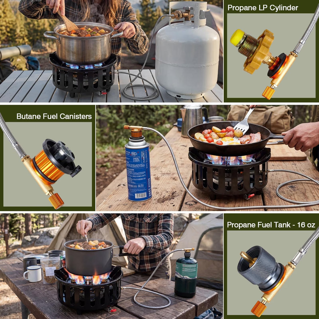 Bestfire 72000 BTU Propane Gas Stove, Windproof Outdoor Camping Stove with Piezo Ignition, Hose, 3 Gas Adapters and Carrying Bag