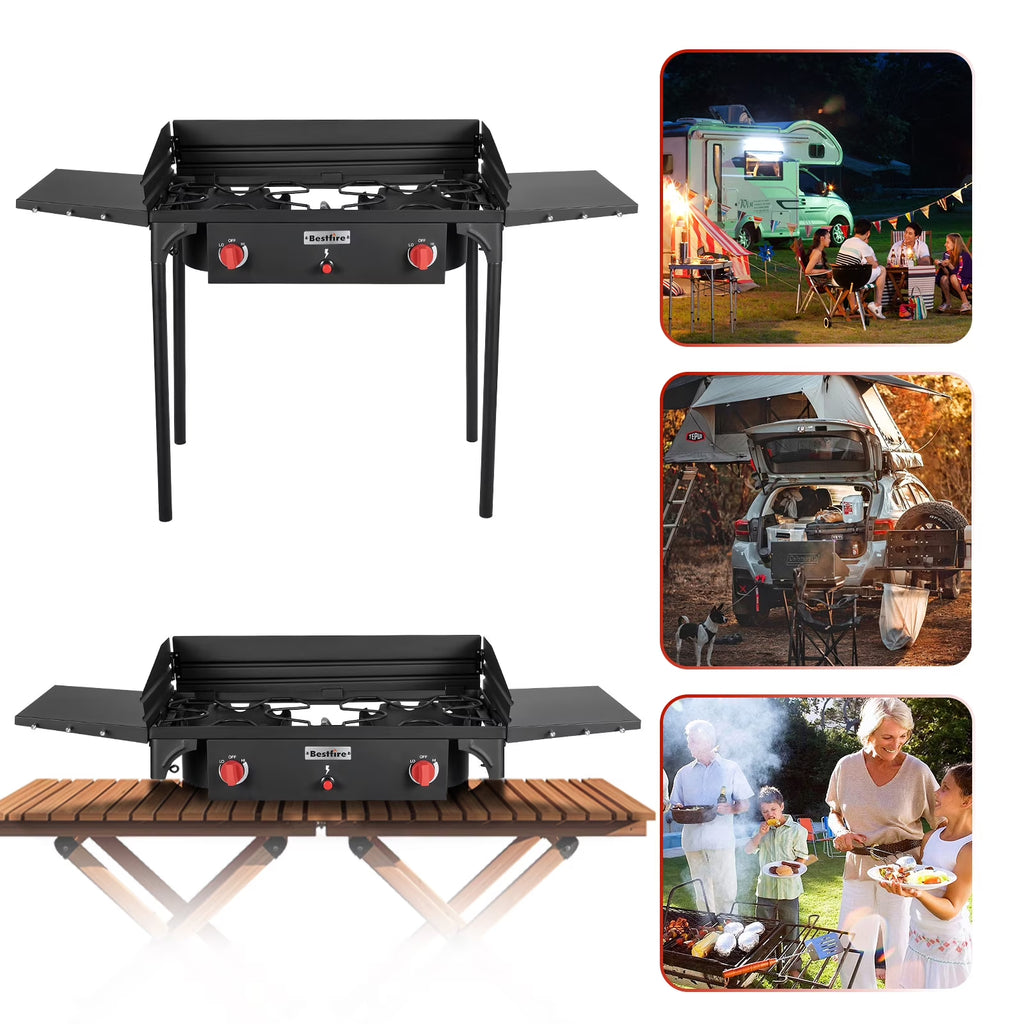 Bestfire 2 Burner Gas Stove, Propane Camping Stove with Side Shelves & Windpanel, 150,000 BTU Propane Burners for Outdoor Cooking, Camping & BBQ Cookouts