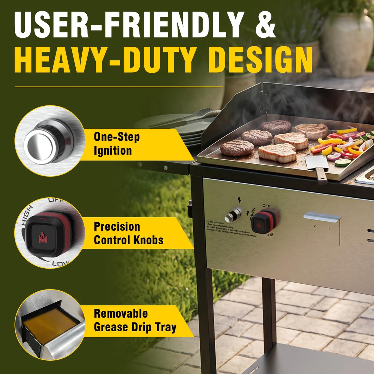 BESTFIRE Propane Griddle and Deep Fryer Combo, 33,000 BTU 2 Burner Outdoor Cooker with 14 QT Fryer Basket, Foldable Side Tables and Wheels