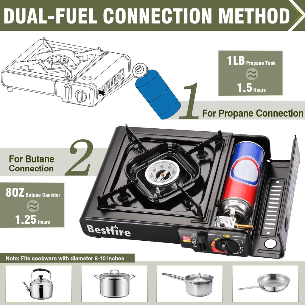 Bestfire 10000 BTU Dual Fuel Camping Stove, Portable Butane and Propane Gas Stove with Adapter and Hard Case for Outdoor Cooking, Tailgating and Emergencies