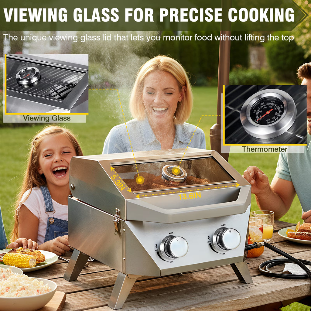BESTFIRE Tabletop Gas Grill with 2 Burners & Viewing Glass Lid, 20,000 BTU Stainless Steel Portable BBQ Grill with Thermometer, Push-Button Ignition for Outdoor Patio, Camping, RV, Tailgating