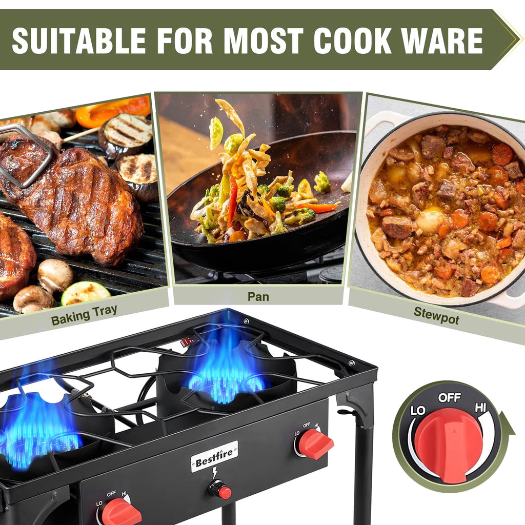 BESTFIRE 2 Burner Camping Stove, 150,000 BTU High Pressure Outdoor Propane Stove with Adjustable Flame Control, 20 PSI Regulator Hose, Removable Legs for Camping, Backyard Cooking, Tailgating (No ratings yet)