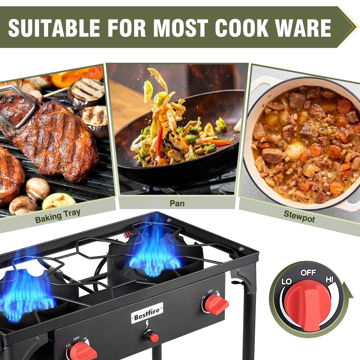BESTFIRE 2 Burner Camping Stove, 150,000 BTU High Pressure Outdoor Propane Stove with Adjustable Flame Control, 20 PSI Regulator Hose, Removable Legs for Camping, Backyard Cooking, Tailgating (No ratings yet)