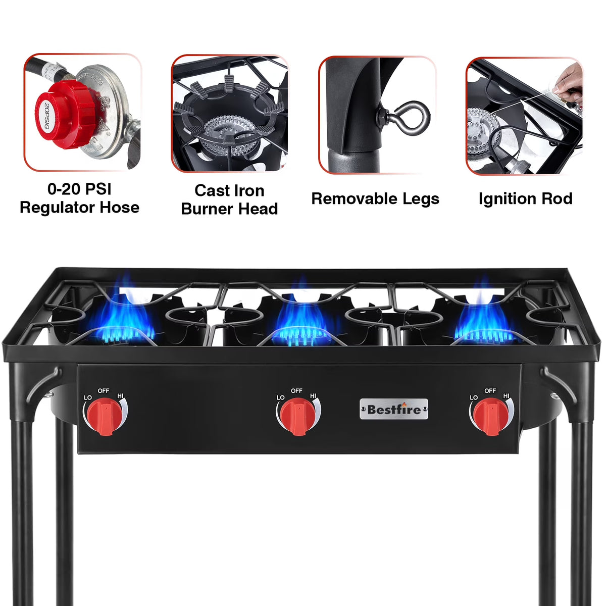 Bestfire Gas Stove for Cooking Outdoor, 3 Burners Outdoor Propane Burners for Cooking with Removable Legs 20 PSIG High Pressure Regulator ,225,000 BTU