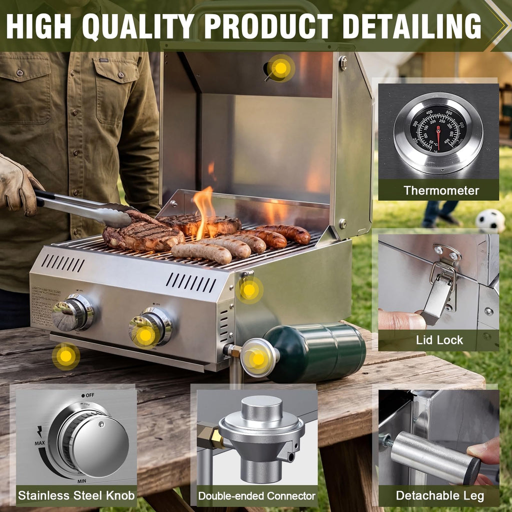BESTFIRE 2 Burner Portable Propane Gas Grill, 20,000 BTU Tabletop Outdoor BBQ Grill with Dual Fuel Connections, Stainless Steel Grates, Push Button Ignition, Thermometer for Camping RV Tailgating