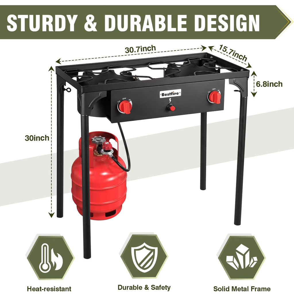 BESTFIRE 2 Burner Camping Stove, 150,000 BTU High Pressure Outdoor Propane Stove with Adjustable Flame Control, 20 PSI Regulator Hose, Removable Legs for Camping, Backyard Cooking, Tailgating (No ratings yet)