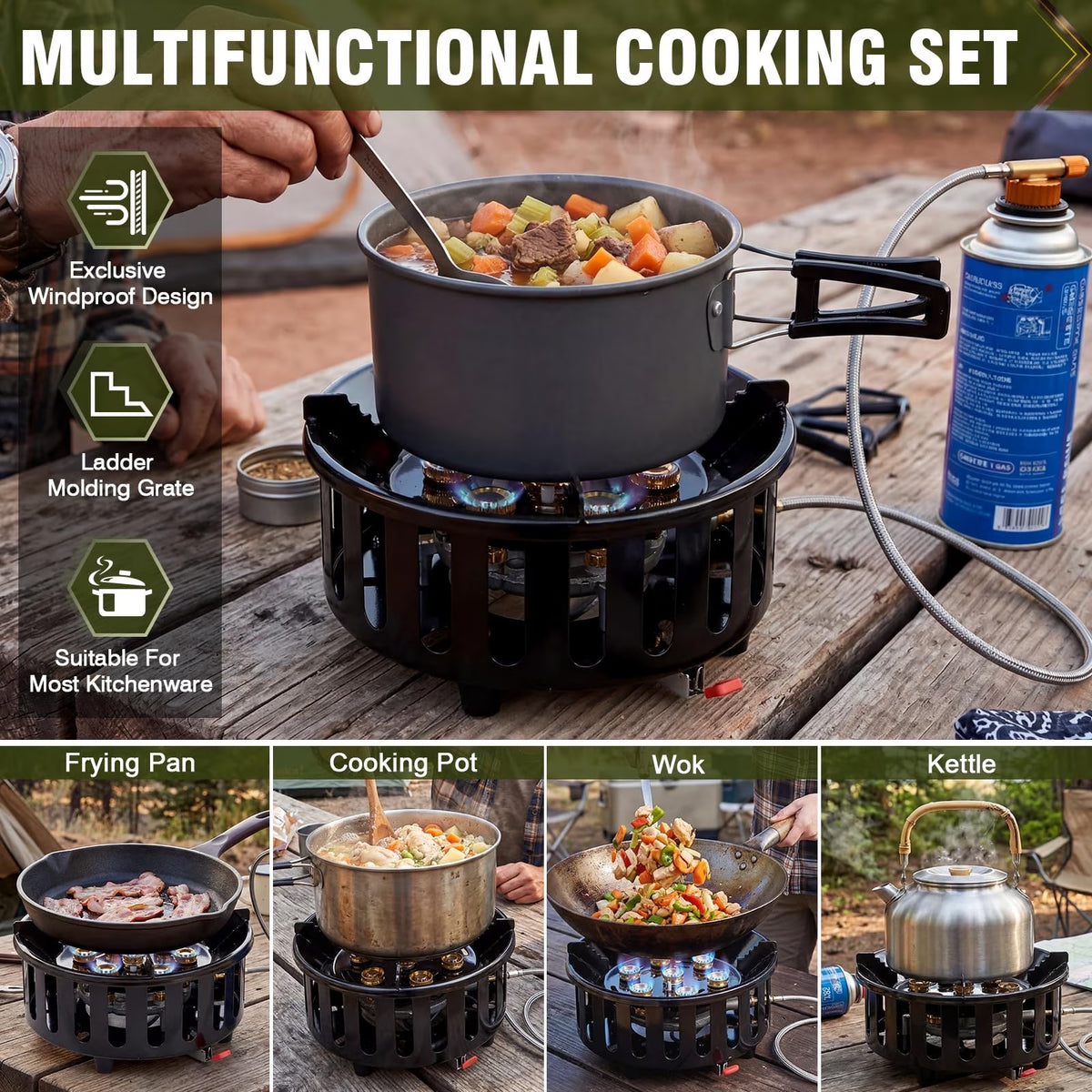 Bestfire 72000 BTU Propane Gas Stove, Windproof Outdoor Camping Stove with Piezo Ignition, Hose, 3 Gas Adapters and Carrying Bag