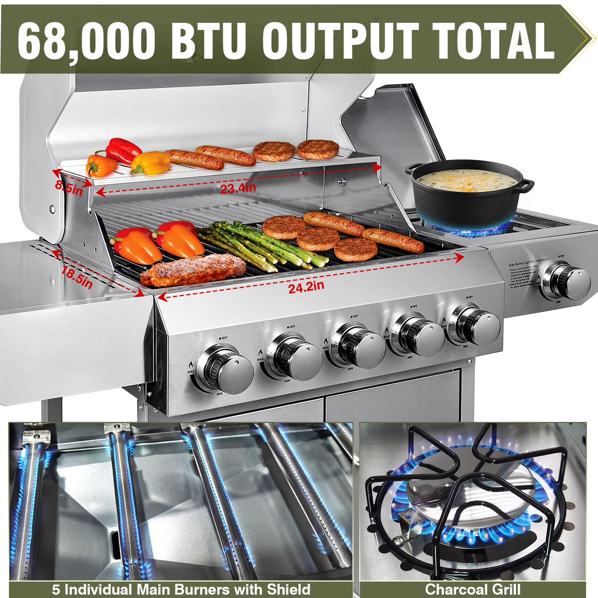 Bestfire 5 Burner Propane Gas Grill with Side Burner,Stainless Steel BBQ Grill & Porcelain-Enameled Cast Iron Grates,58,000 BTU Cabinet-Style Cart Design for Outdoor Backyard Cooking,Garden and Patio