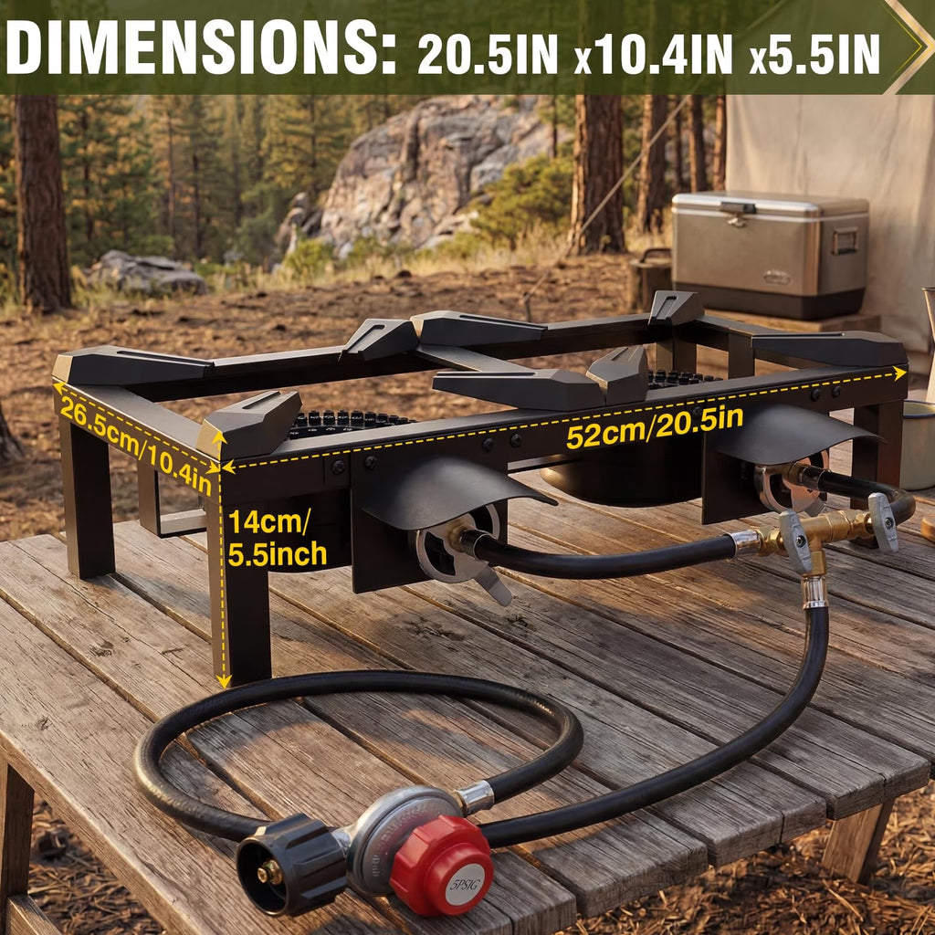BESTFIRE Double Burner Propane Camping Stove, Portable Cast Iron Outdoor Gas Cooker with Independent Controls and 5 PSI Hose for BBQ
