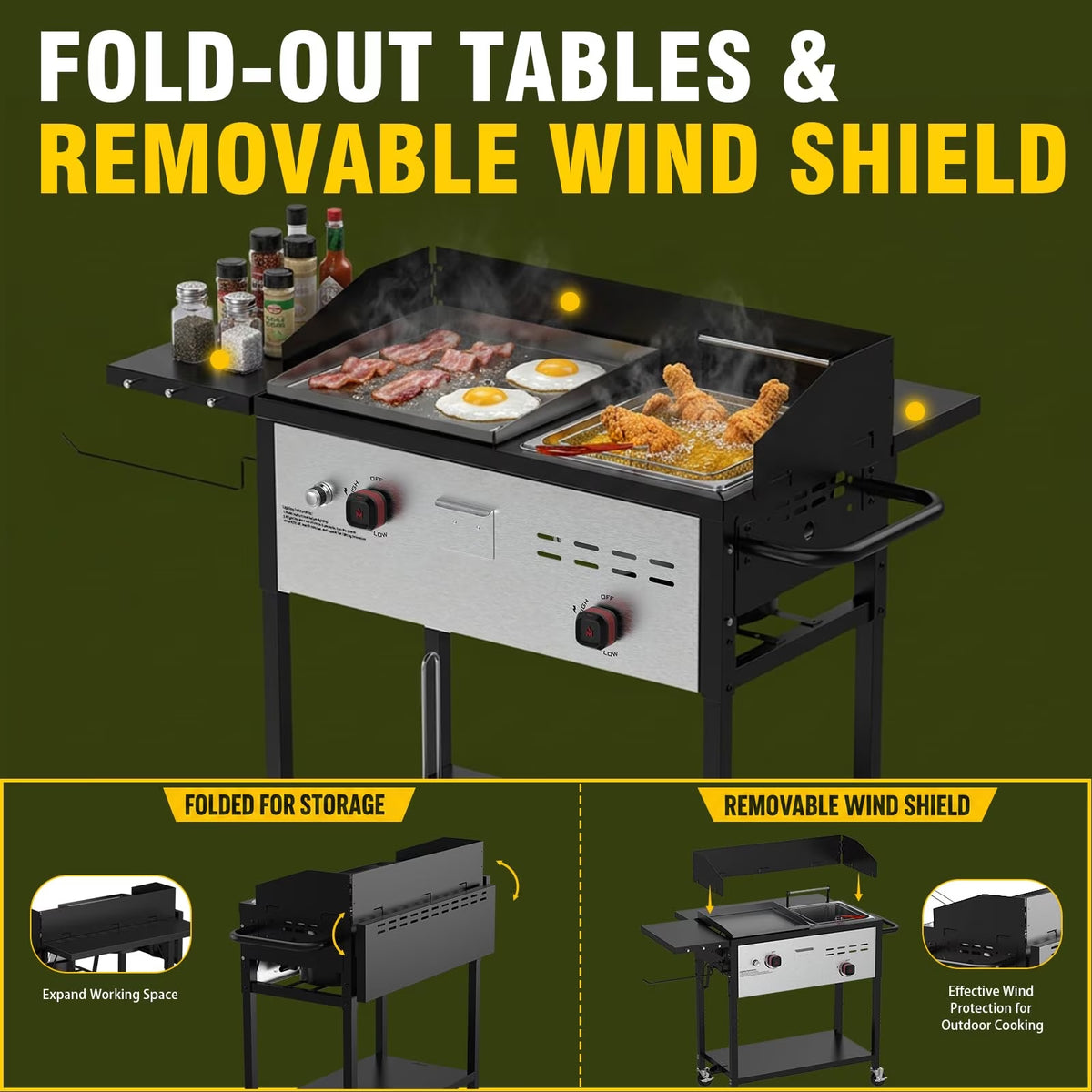BESTFIRE Propane Griddle and Deep Fryer Combo, 33,000 BTU 2 Burner Outdoor Cooker with 14 QT Fryer Basket, Foldable Side Tables and Wheels